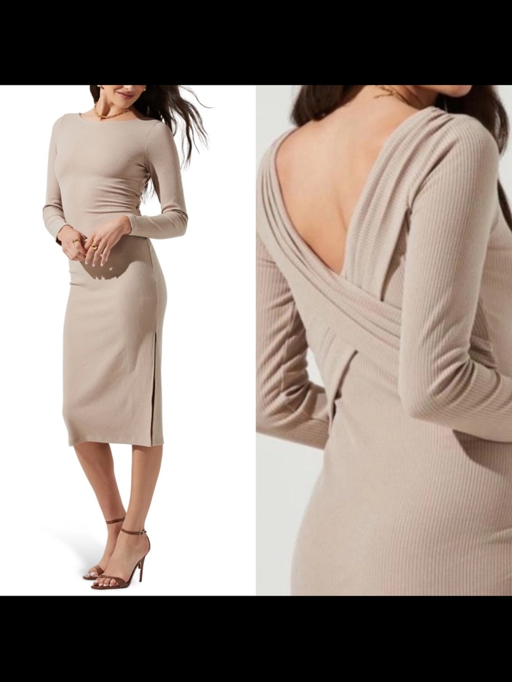 ASTR Long Sleeve V-Back Ribbed Midi Dress in Light Beige NEW Size Small Cross - Picture 5 of 10